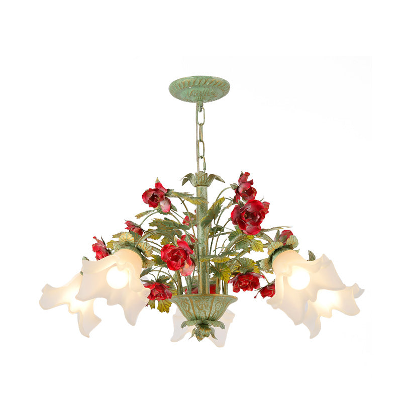 Pastoral Style Cream Glass Flower Chandelier With Green Spread And Multiple Head Options For Dining