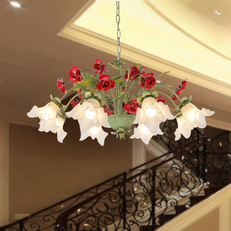 Pastoral Style Cream Glass Flower Chandelier With Green Spread And Multiple Head Options For Dining