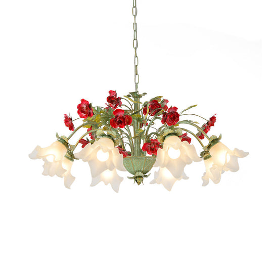 Pastoral Style Cream Glass Flower Chandelier With Green Spread And Multiple Head Options For Dining