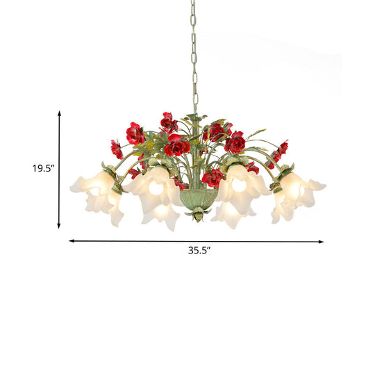 Pastoral Style Cream Glass Flower Chandelier With Green Spread And Multiple Head Options For Dining