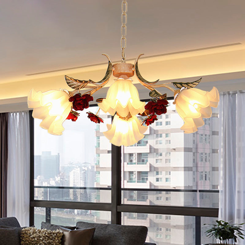 Frosted Glass Chandelier Light - Sputnik Korean Flower 4/6/9-Head Drop Lamp Beige For Living Room