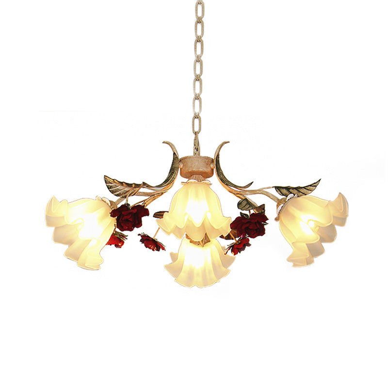 Frosted Glass Chandelier Light - Sputnik Korean Flower 4/6/9-Head Drop Lamp Beige For Living Room