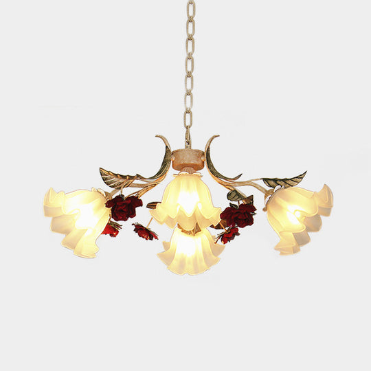 Frosted Glass Chandelier Light - Sputnik Korean Flower 4/6/9-Head Drop Lamp Beige For Living Room