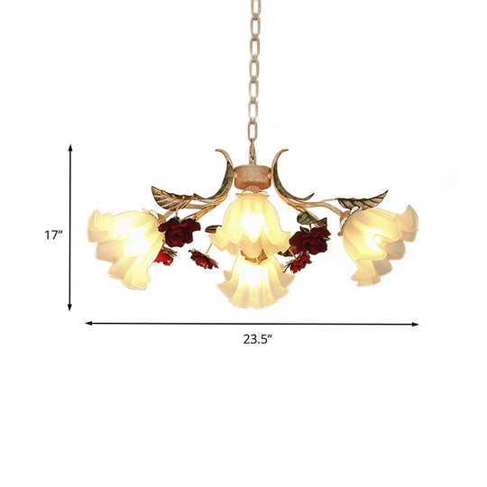 Frosted Glass Chandelier Light - Sputnik Korean Flower 4/6/9-Head Drop Lamp Beige For Living Room