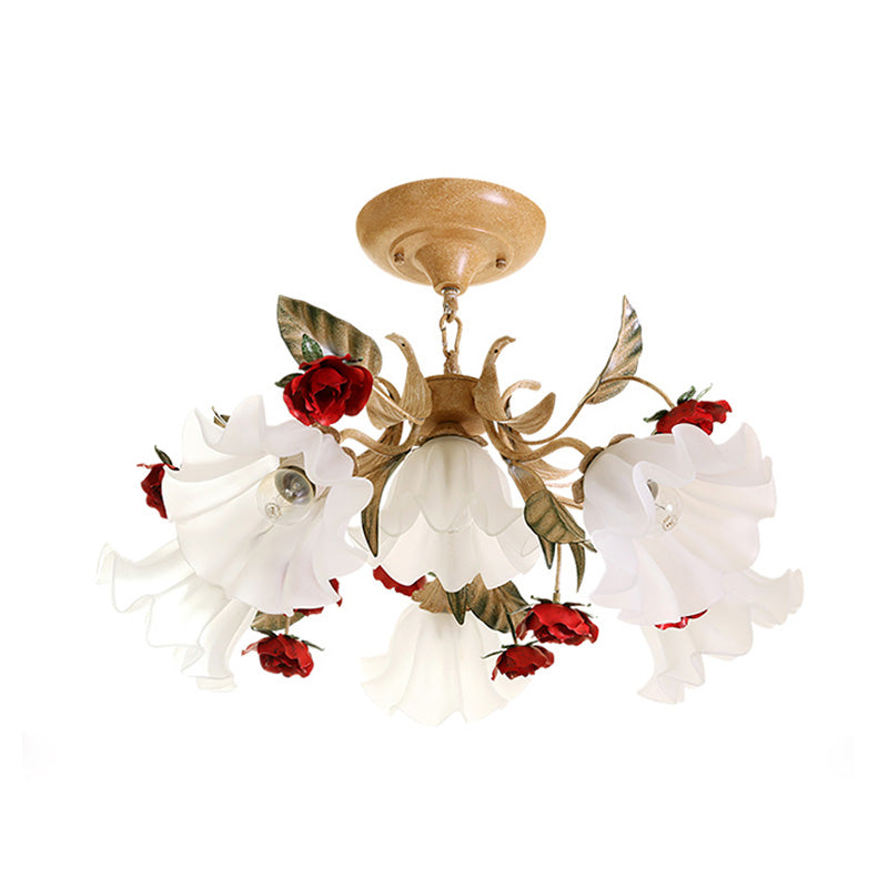 Frosted Glass Chandelier Light - Sputnik Korean Flower 4/6/9-Head Drop Lamp Beige For Living Room