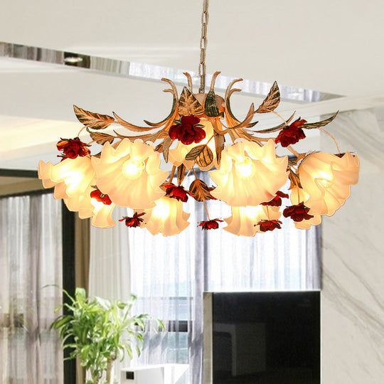 Frosted Glass Chandelier Light - Sputnik Korean Flower 4/6/9-Head Drop Lamp Beige For Living Room