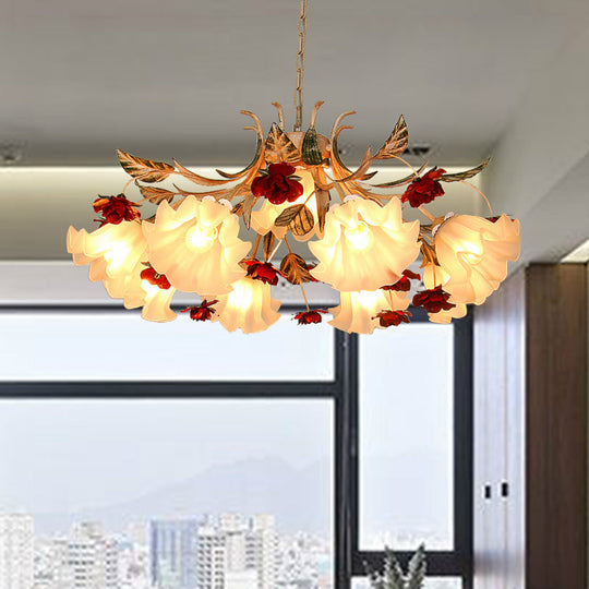 Frosted Glass Chandelier Light - Sputnik Korean Flower 4/6/9-Head Drop Lamp Beige For Living Room