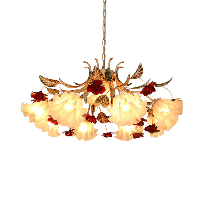 Frosted Glass Chandelier Light - Sputnik Korean Flower 4/6/9-Head Drop Lamp Beige For Living Room