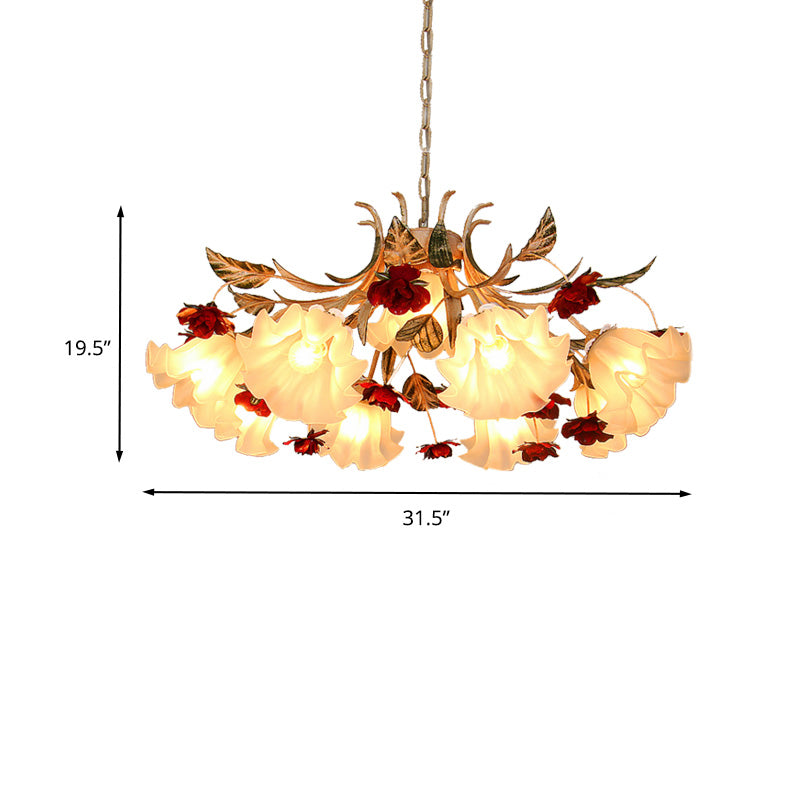 Frosted Glass Chandelier Light - Sputnik Korean Flower 4/6/9-Head Drop Lamp Beige For Living Room