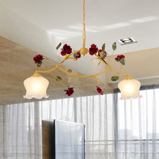 Korean Garden Frosted Glass Dining Room Chandelier Lighting - Ginger Floral Drop Pendant With 2/3