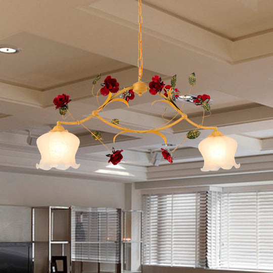 Korean Garden Frosted Glass Dining Room Chandelier Lighting - Ginger Floral Drop Pendant With 2/3