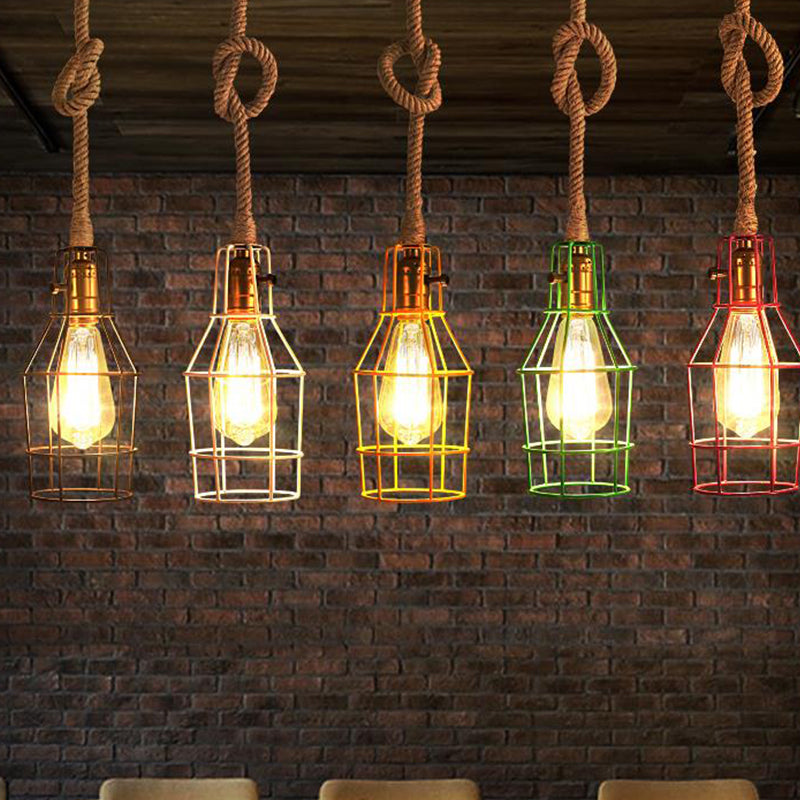 Industrial Dining Room Pendant Light - Metal Wire Cage Warehouse Design With Rope Cord 1-Head In