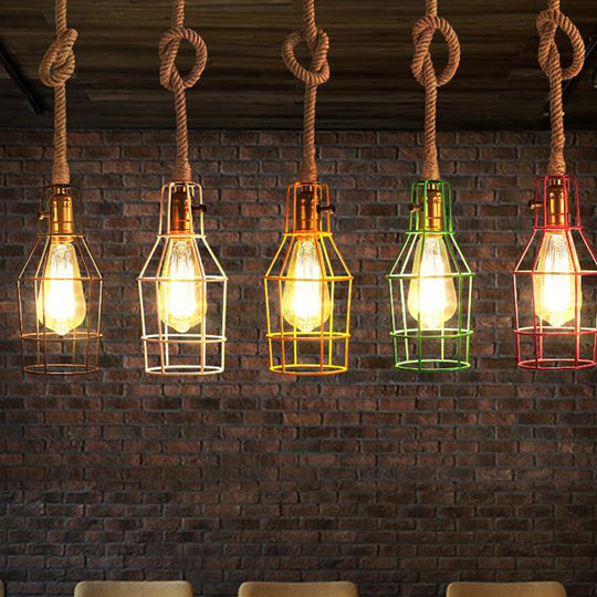 Industrial Dining Room Pendant Light - Metal Wire Cage Warehouse Design With Rope Cord 1-Head In