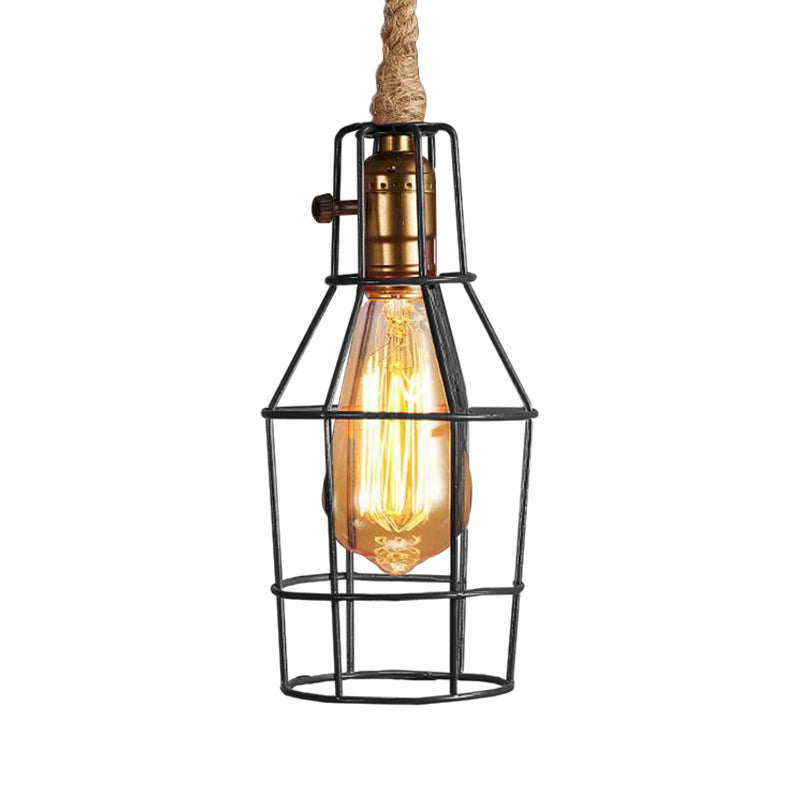 Industrial Dining Room Pendant Light - Metal Wire Cage Warehouse Design With Rope Cord 1-Head In