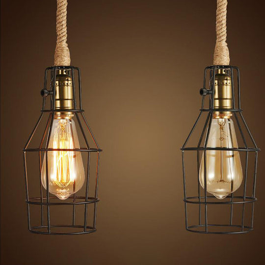 Industrial Dining Room Pendant Light - Metal Wire Cage Warehouse Design With Rope Cord 1-Head In