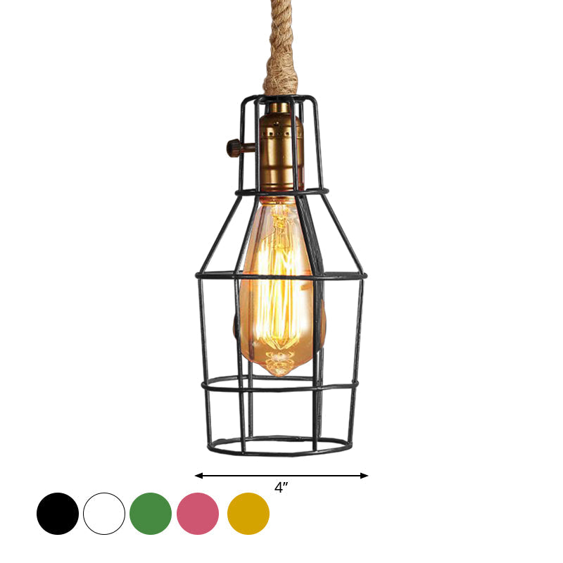 Industrial Dining Room Pendant Light - Metal Wire Cage Warehouse Design With Rope Cord 1-Head In