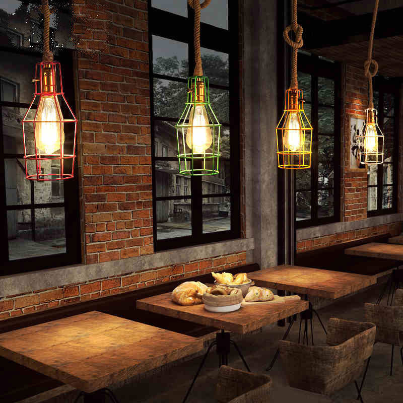 Industrial Dining Room Pendant Light - Metal Wire Cage Warehouse Design With Rope Cord 1-Head In