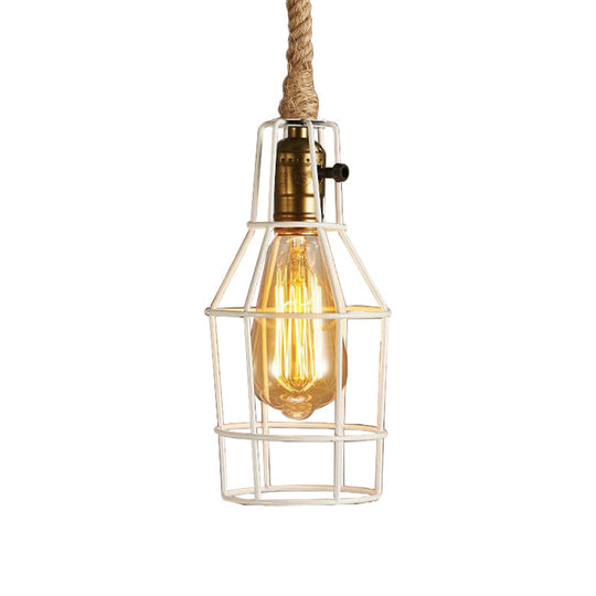 Industrial Dining Room Pendant Light - Metal Wire Cage Warehouse Design With Rope Cord 1-Head In