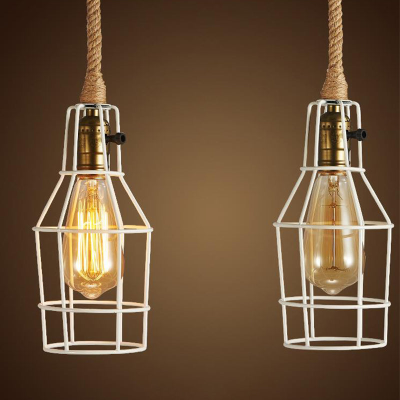 Industrial Dining Room Pendant Light - Metal Wire Cage Warehouse Design With Rope Cord 1-Head In