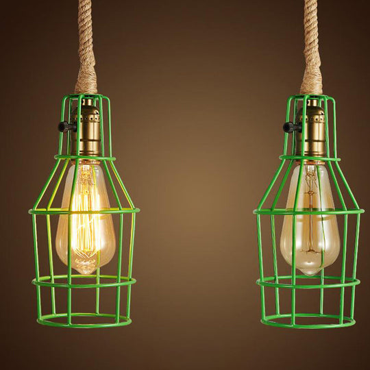 Industrial Dining Room Pendant Light - Metal Wire Cage Warehouse Design With Rope Cord 1-Head In