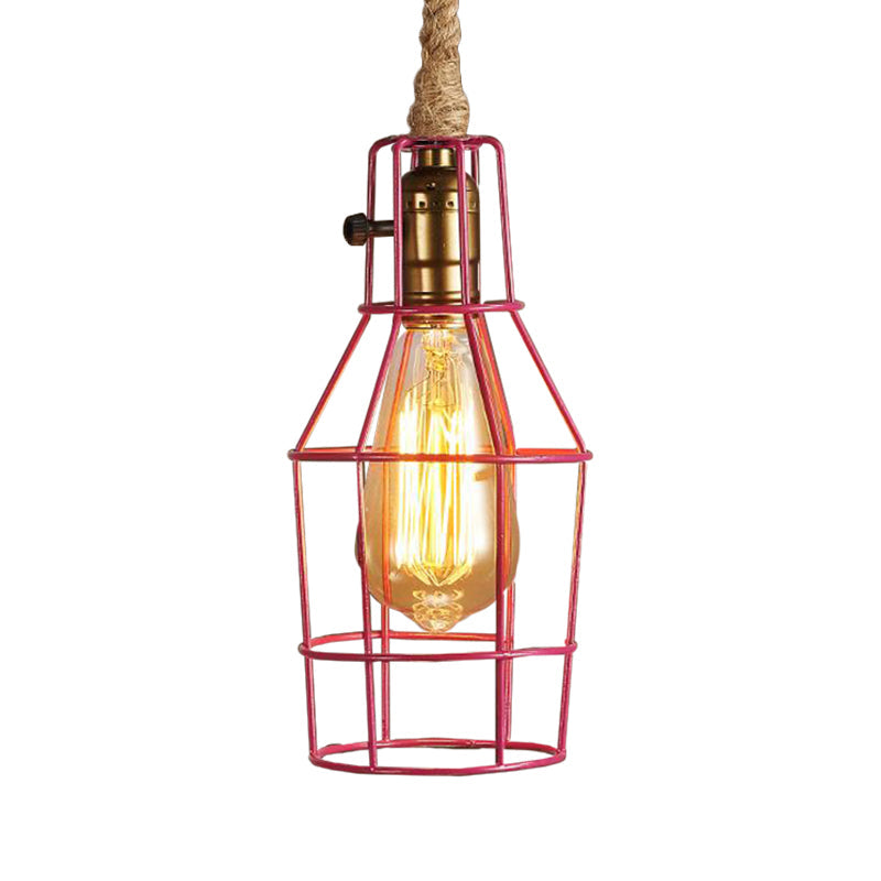 Industrial Dining Room Pendant Light - Metal Wire Cage Warehouse Design With Rope Cord 1-Head In