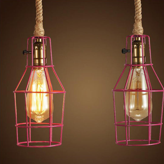 Metallic 1-Head Black/White/Pink Wire Cage Pendant Light for Dining Room with Rope Cord