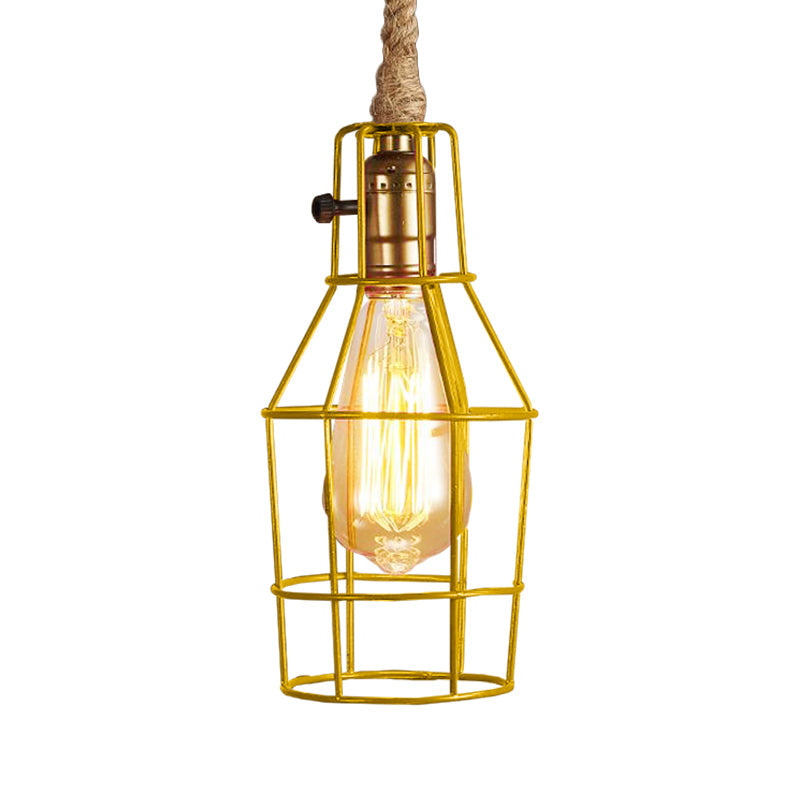 Industrial Dining Room Pendant Light - Metal Wire Cage Warehouse Design With Rope Cord 1-Head In