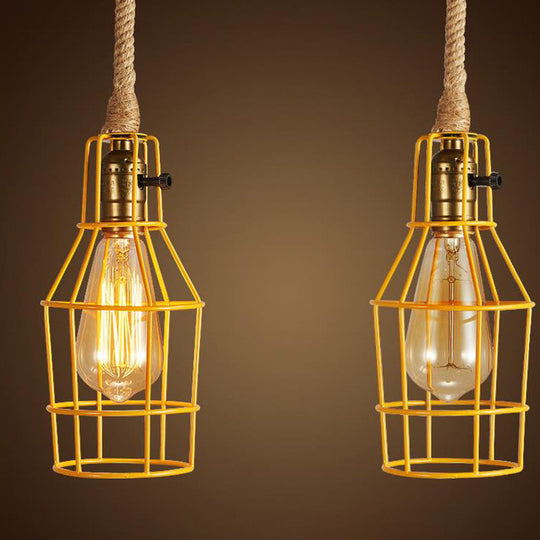 Industrial Dining Room Pendant Light - Metal Wire Cage Warehouse Design With Rope Cord 1-Head In