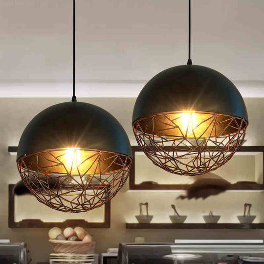 Iron Hanging Ceiling Light With Wire Cage For Dining Room Down Lighting In Black