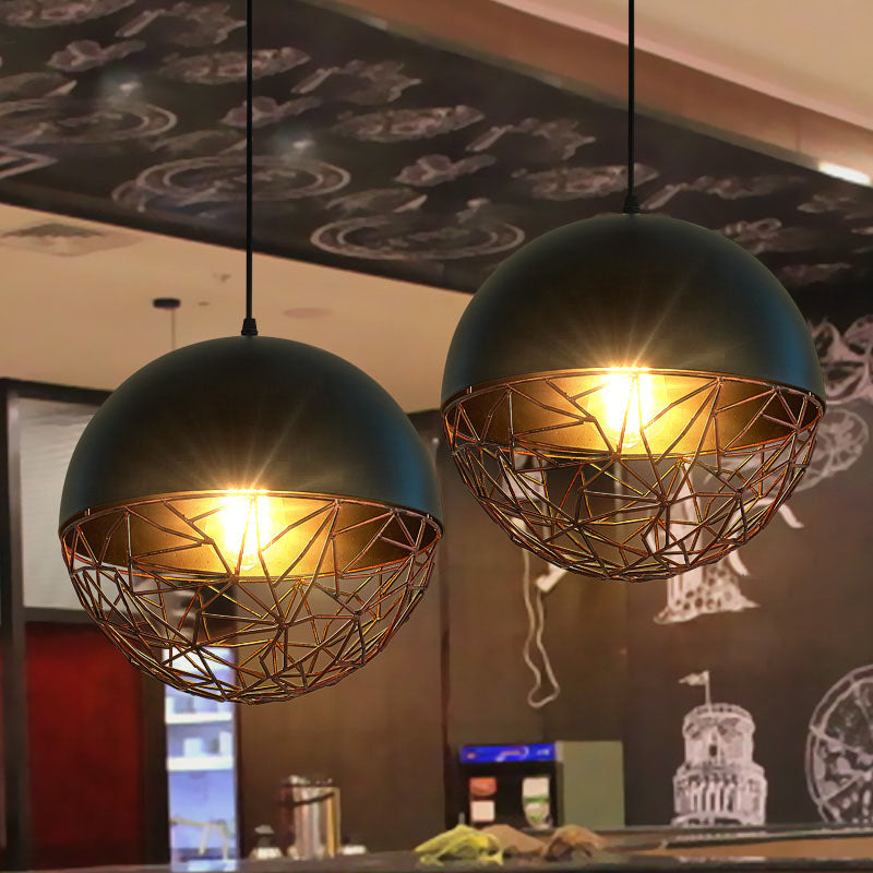 Industrial Black Wire Cage Ceiling Light - Iron Domed Hanging Pendant for Dining Room, 1-Light Down Lighting