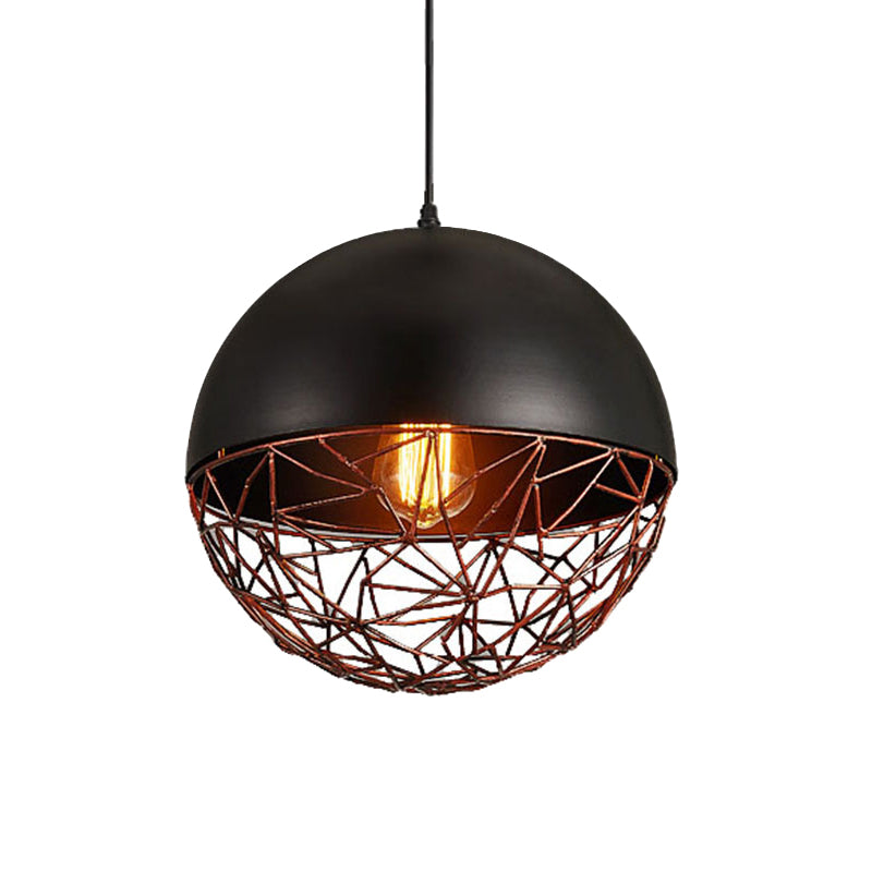 Industrial Black Wire Cage Ceiling Light - Iron Domed Hanging Pendant for Dining Room, 1-Light Down Lighting