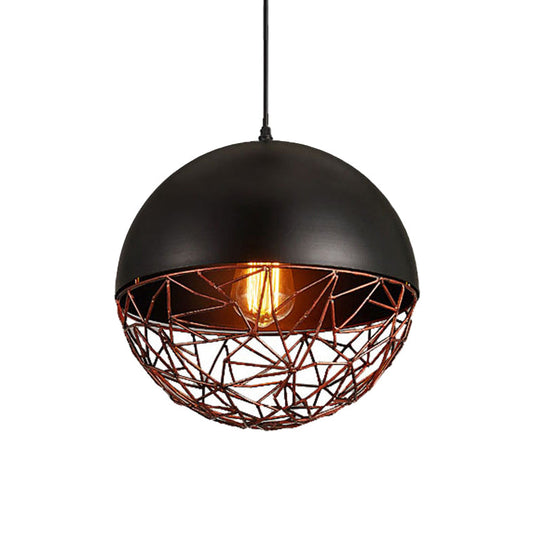 Iron Hanging Ceiling Light With Wire Cage For Dining Room Down Lighting In Black