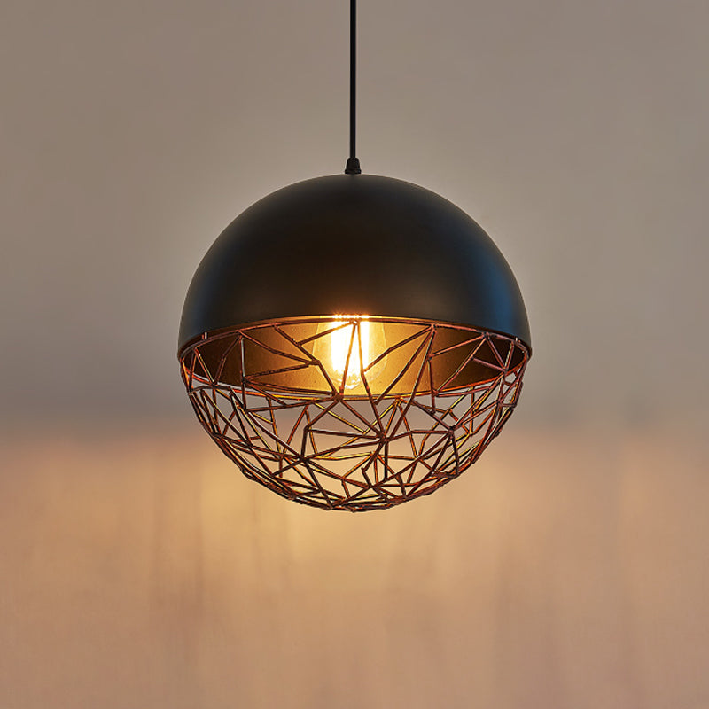 Industrial Black Wire Cage Ceiling Light - Iron Domed Hanging Pendant for Dining Room, 1-Light Down Lighting