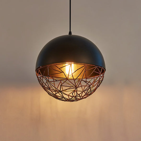 Iron Hanging Ceiling Light With Wire Cage For Dining Room Down Lighting In Black