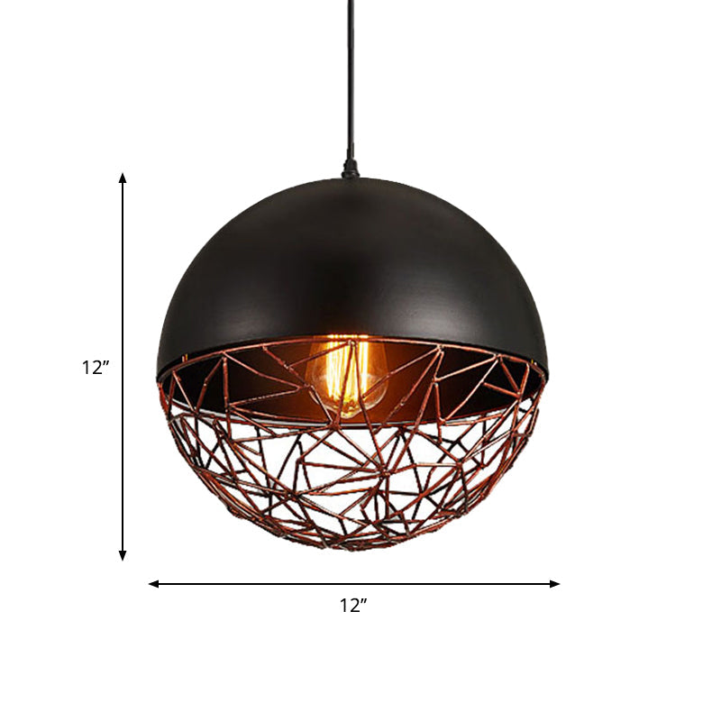 Industrial Black Wire Cage Ceiling Light - Iron Domed Hanging Pendant for Dining Room, 1-Light Down Lighting