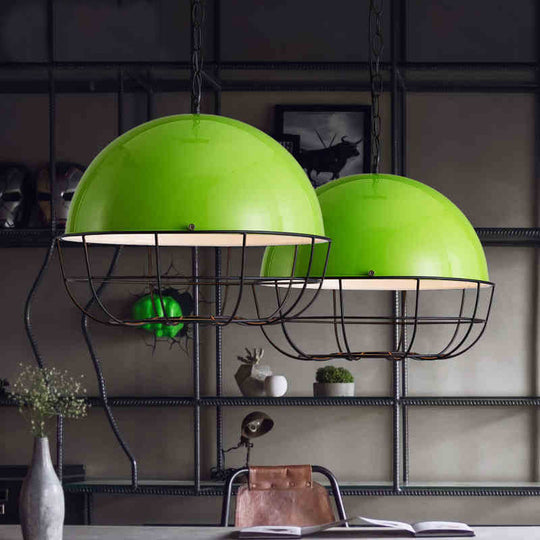 Green Iron Warehouse Dome Pendant Ceiling Light Fixture with Cage - Ideal for Dining Room