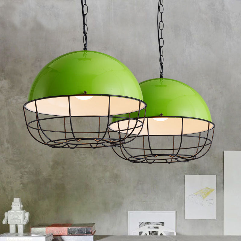 Green Iron Warehouse Dome Pendant Ceiling Light Fixture with Cage - Ideal for Dining Room