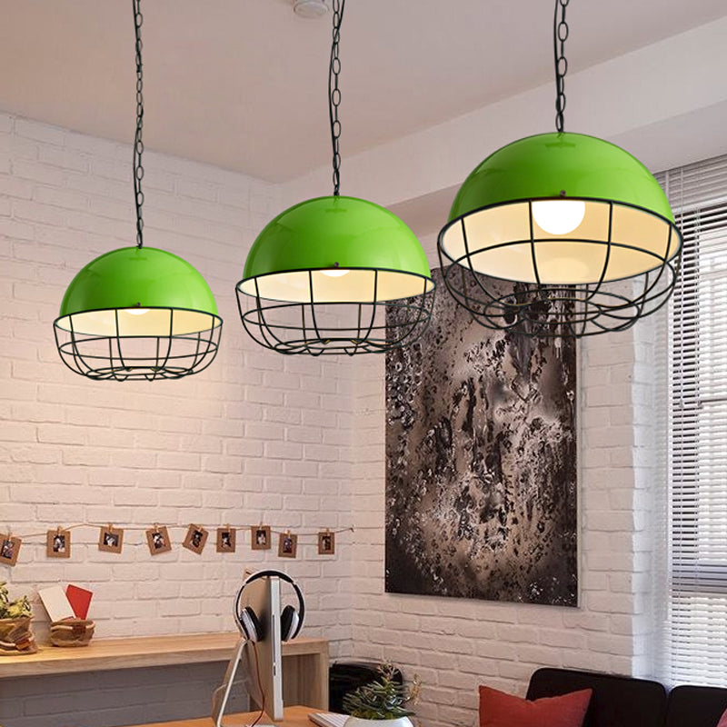 Green Iron Warehouse Dome Pendant Ceiling Light Fixture with Cage - Ideal for Dining Room