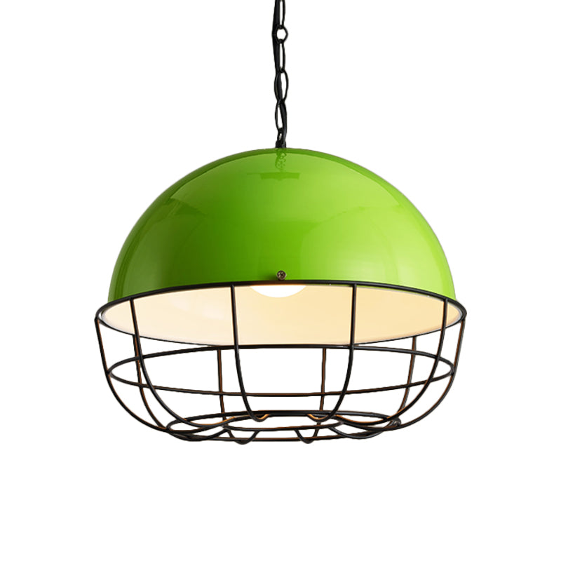 Green Iron Warehouse Dome Pendant Ceiling Light Fixture with Cage - Ideal for Dining Room