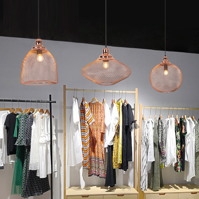 Industrial Rose Gold Pendant Lamp for Dining Room - Globe/Dome Cage Design with Down Lighting