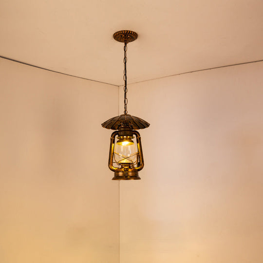 Coastal Restaurant 1-Head Metal Pendant Lamp with Clear Kerosene Glass Shade in Brass/Copper