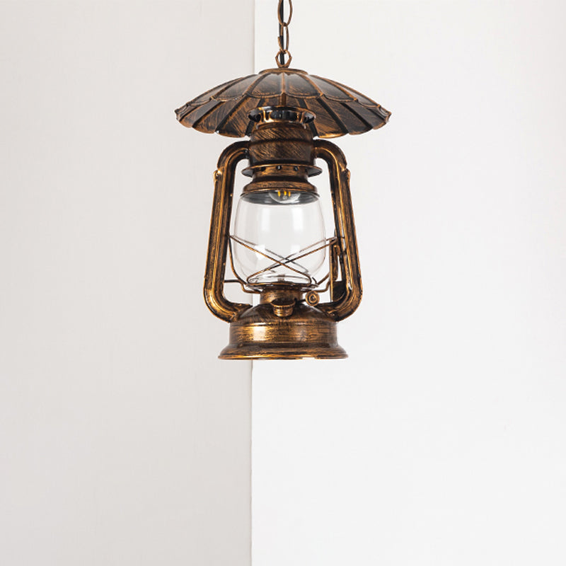 Coastal Restaurant 1-Head Metal Pendant Lamp with Clear Kerosene Glass Shade in Brass/Copper