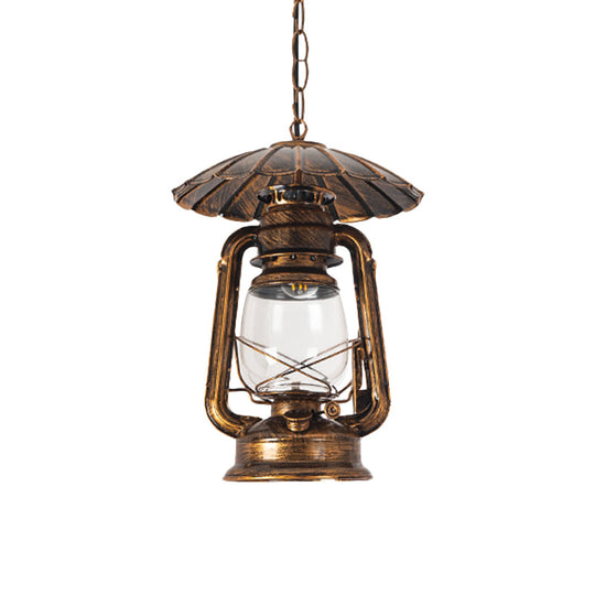 Coastal Restaurant 1-Head Metal Pendant Lamp with Clear Kerosene Glass Shade in Brass/Copper