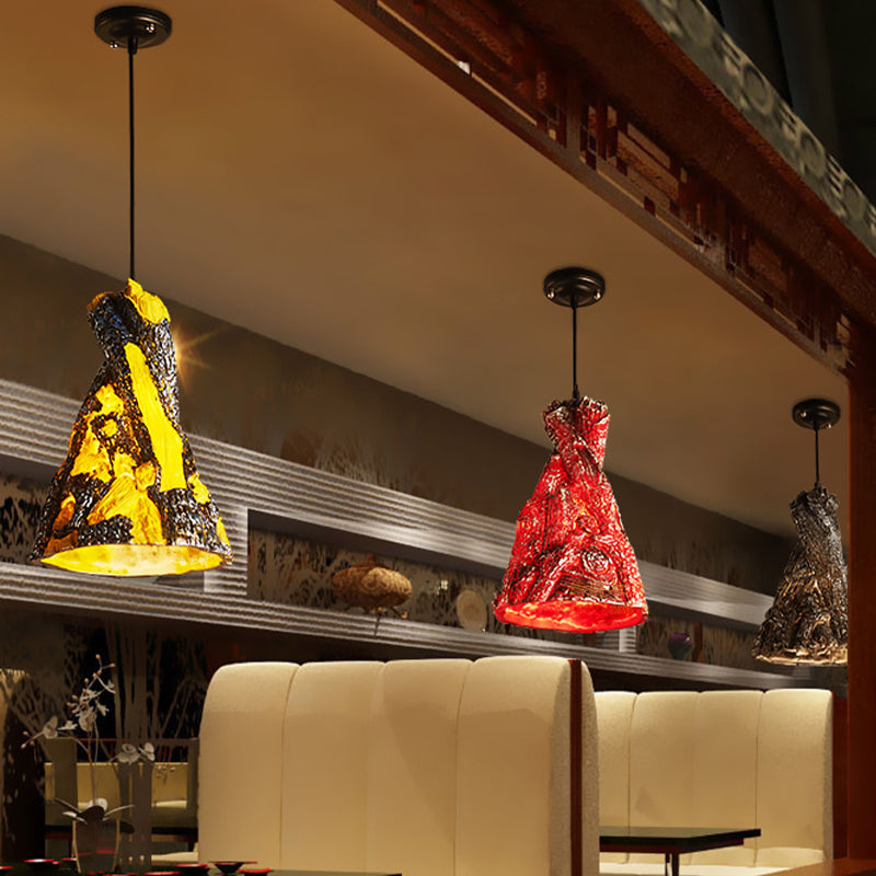 Yellow/Red Hanging Pendant Light For Restaurants - 1 Warehouse Resin Conic Ceiling Fixture Yellow