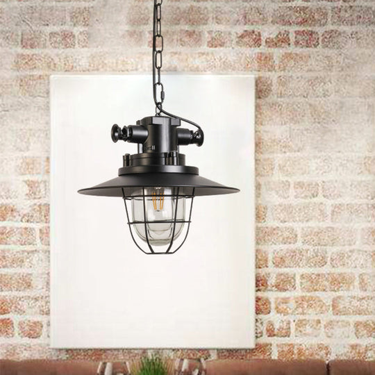 Industrial Black Wire Cage Pendant Light with Clear Glass Shade