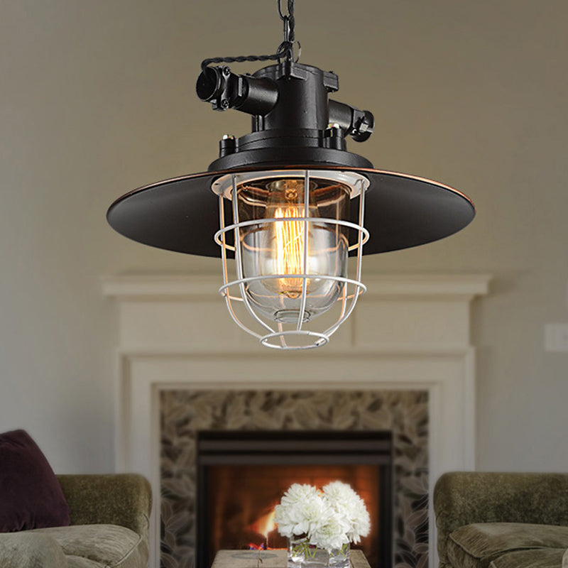 Industrial Black Metal Pendant Light With Clear Glass Shade / B