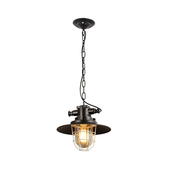 Industrial Black Wire Cage Pendant Light with Clear Glass Shade