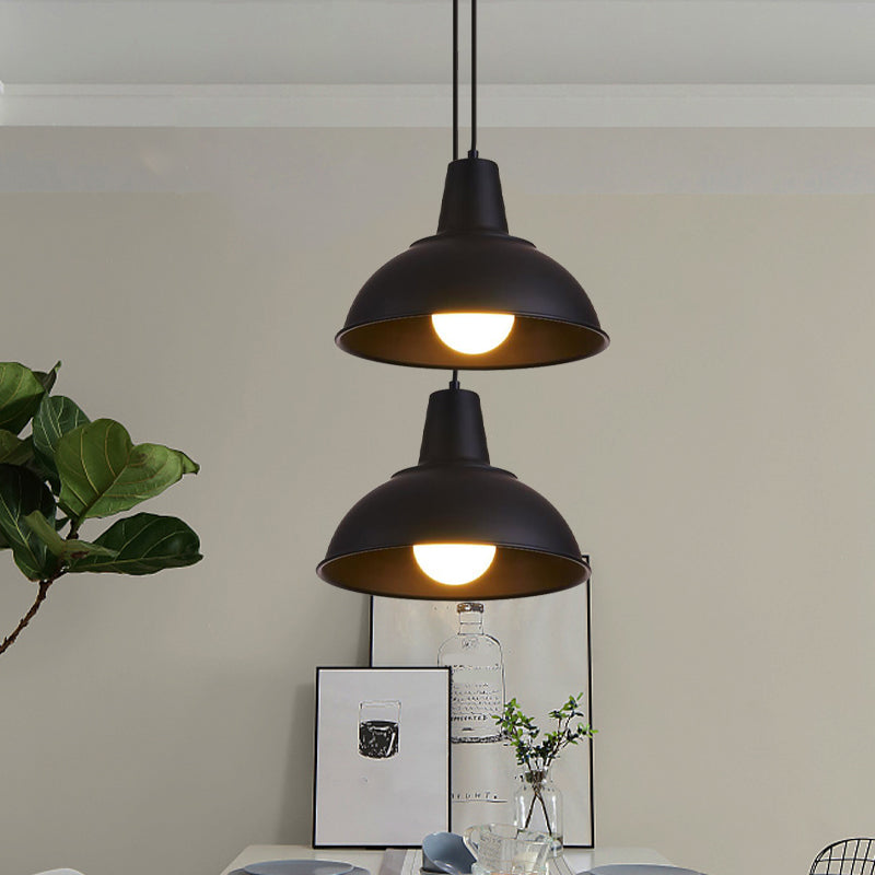 Vintage Dome Iron Hanging Light Kit - 12"/16" Wide - Restaurant Suspension Pendant in White/Black