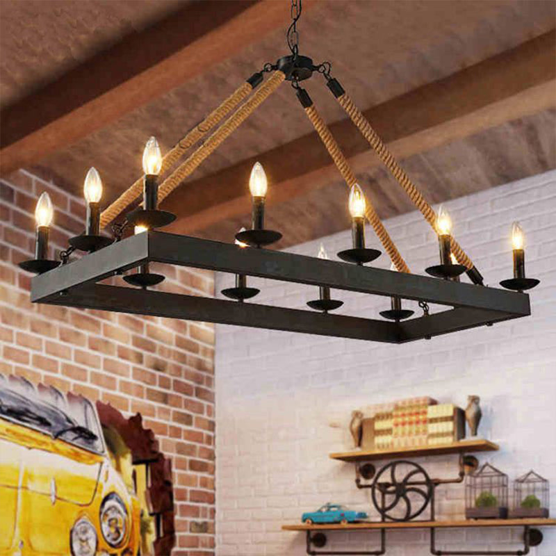 10-Head Rope Hanging Island Light: Industrial Metal Lamp In Black With Candle Design