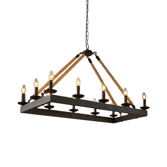 10-Head Rope Hanging Island Light: Industrial Metal Lamp In Black With Candle Design